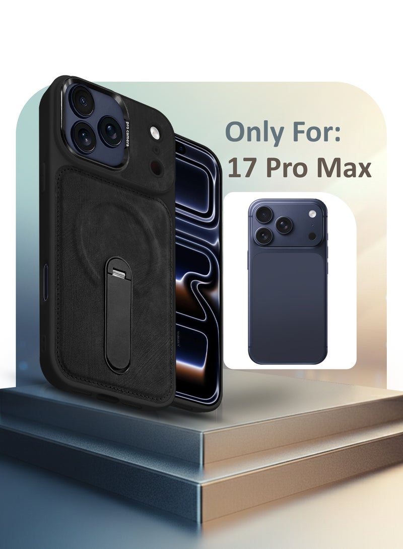 MAXORA Alcantara Soft Case for iPhone 17 Pro Max Case 6.9'' Compatible with Magsafe, Leather Protective Cover with Kickstand 360 Rotation - Black - Image 5
