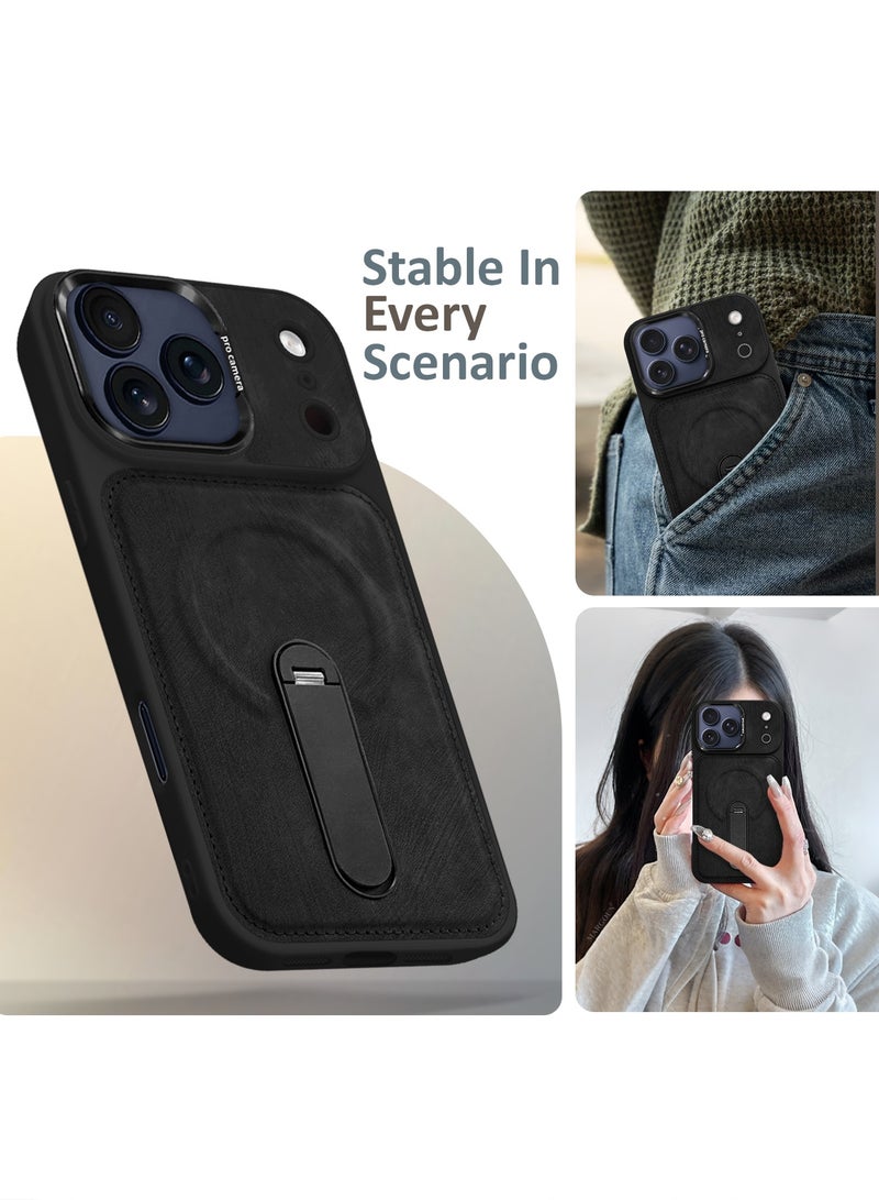 MAXORA Alcantara Soft Case for iPhone 17 Pro Max Case 6.9'' Compatible with Magsafe, Leather Protective Cover with Kickstand 360 Rotation - Black - Image 4