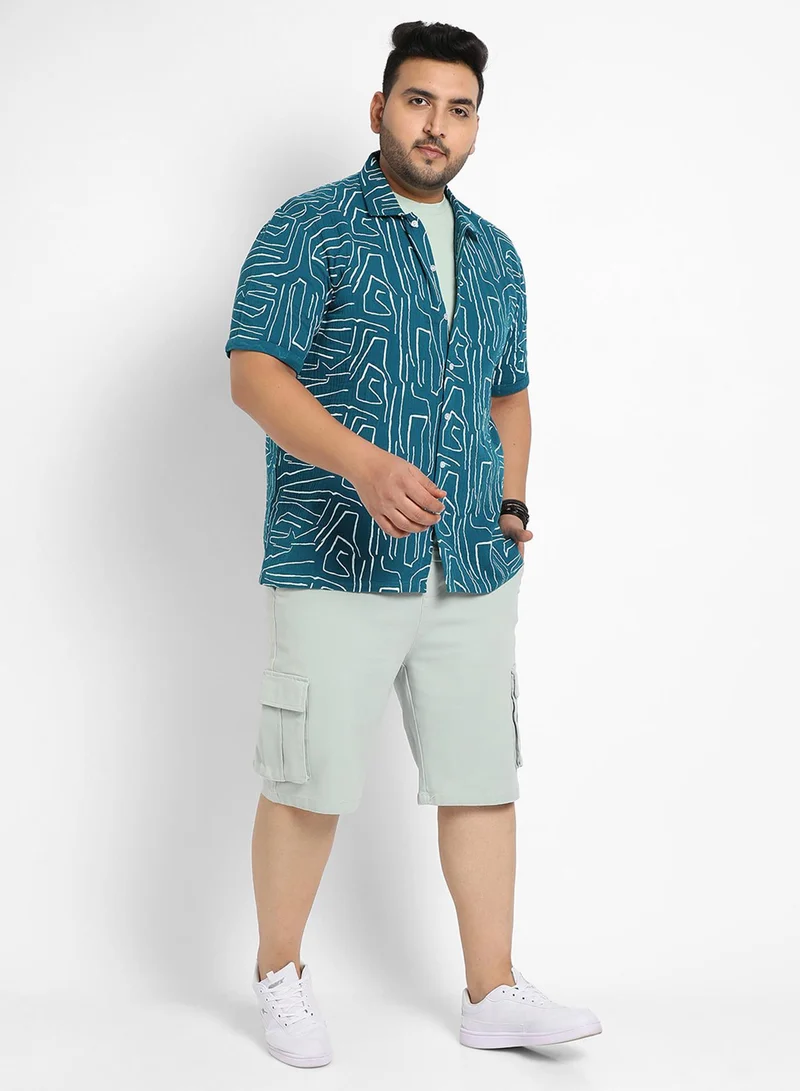 Instafab Plus Instafab Plus Men's Teal Blue Abstract Lines Print Shirt For Casual Wear | Spread Collar | Short Sleeve | Button Closure | Cotton Double Cloth Shirt Crafted With Comfort Fit For Everyday Wear