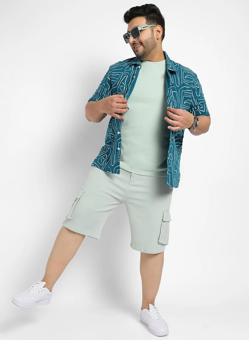 Instafab Plus Instafab Plus Men's Teal Blue Abstract Lines Print Shirt For Casual Wear | Spread Collar | Short Sleeve | Button Closure | Cotton Double Cloth Shirt Crafted With Comfort Fit For Everyday Wear