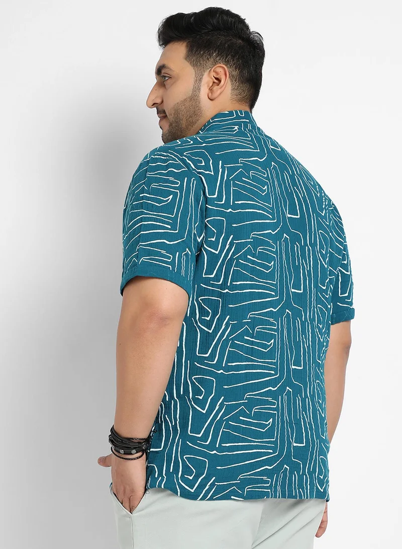 Instafab Plus Instafab Plus Men's Teal Blue Abstract Lines Print Shirt For Casual Wear | Spread Collar | Short Sleeve | Button Closure | Cotton Double Cloth Shirt Crafted With Comfort Fit For Everyday Wear