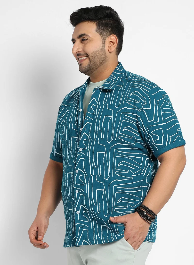 Instafab Plus Instafab Plus Men's Teal Blue Abstract Lines Print Shirt For Casual Wear | Spread Collar | Short Sleeve | Button Closure | Cotton Double Cloth Shirt Crafted With Comfort Fit For Everyday Wear