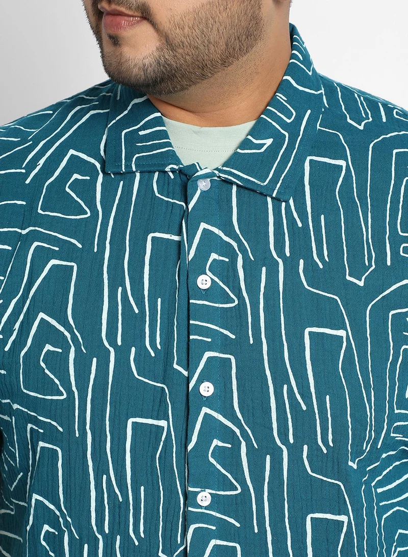 Instafab Plus Instafab Plus Men's Teal Blue Abstract Lines Print Shirt For Casual Wear | Spread Collar | Short Sleeve | Button Closure | Cotton Double Cloth Shirt Crafted With Comfort Fit For Everyday Wear