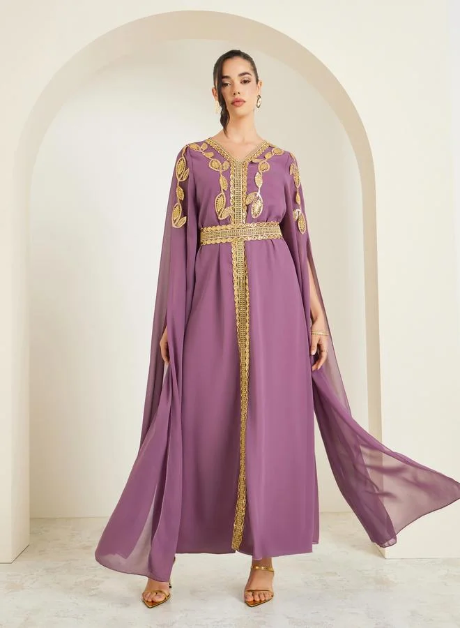 Amirah  Women Purple Embroidered Belted Kaftan for Women | Best Price UAE