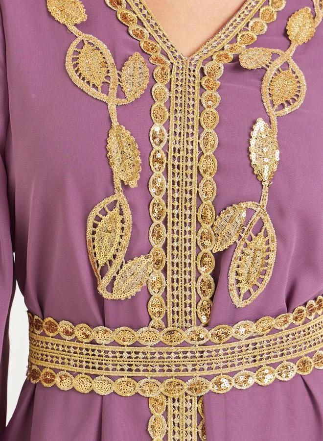 Amirah  Women Purple Embroidered Belted Kaftan for Women | Best Price UAE