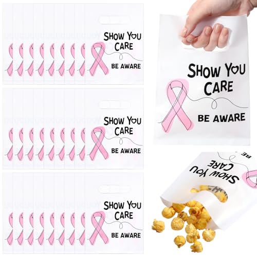 Weekgrat 50 Pcs Breast Cancer Awareness Gift Bag Pink Ribbon Small Goodie Plastic Bag with Handle for Wrapping Treat Candy Breast Cancer Survivor Charity Show You Care Be Aware Party Favor Supplies - Image 1