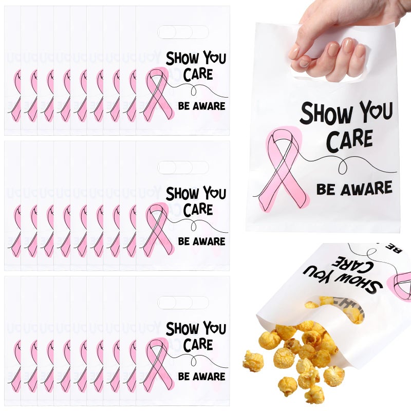 Weekgrat 50 Pcs Breast Cancer Awareness Gift Bag Pink Ribbon Small Goodie Plastic Bag with Handle for Wrapping Treat Candy Breast Cancer Survivor Charity Show You Care Be Aware Party Favor Supplies - Image 2