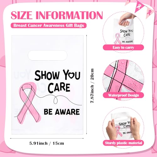 Weekgrat 50 Pcs Breast Cancer Awareness Gift Bag Pink Ribbon Small Goodie Plastic Bag with Handle for Wrapping Treat Candy Breast Cancer Survivor Charity Show You Care Be Aware Party Favor Supplies - Image 3
