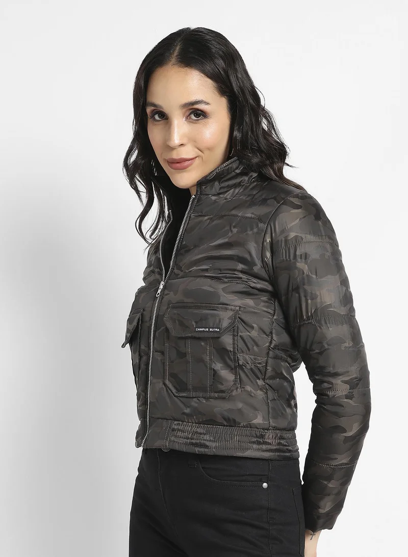 Campus Sutra Women's Brown Camouflage Bomber Jacket With Flap Pockets