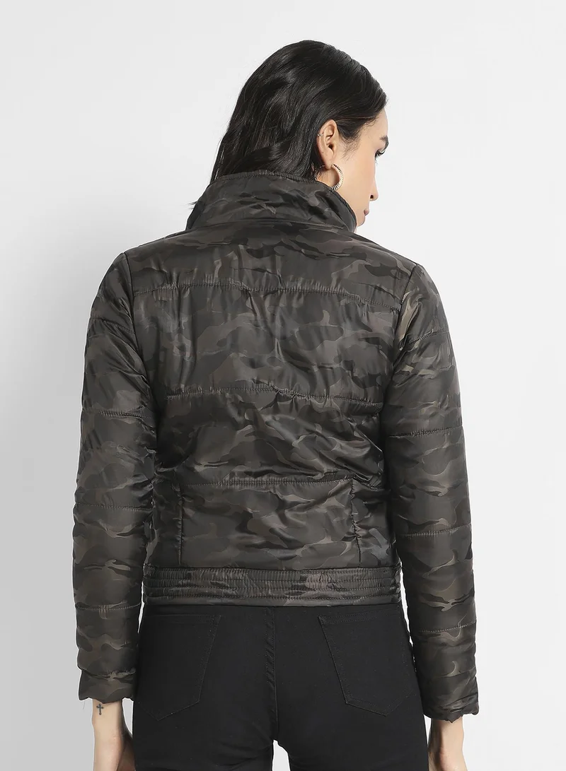 Campus Sutra Women's Brown Camouflage Bomber Jacket With Flap Pockets