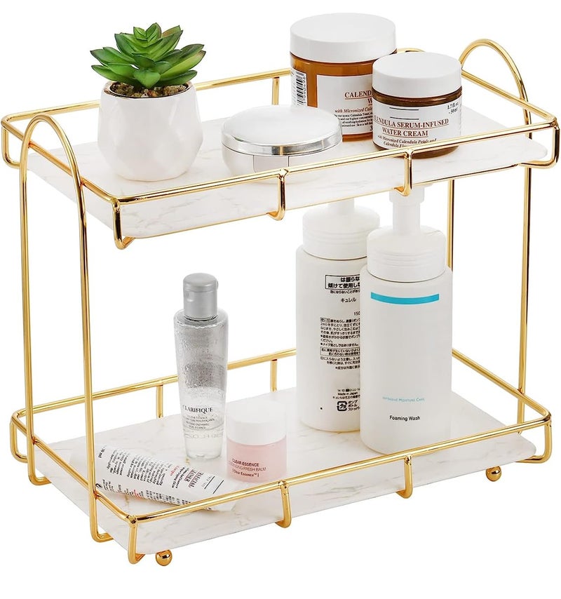 Kiwilon 2 Tier Golden Countertop Organizer for Bathroom Kitchen Rack Organiser with Plastic Marble Look Plastic Tray Cosmetic Storage Shelf (Large, White) - Image 1