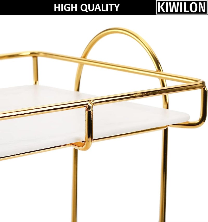 Kiwilon 2 Tier Golden Countertop Organizer for Bathroom Kitchen Rack Organiser with Plastic Marble Look Plastic Tray Cosmetic Storage Shelf (Large, White) - Image 3