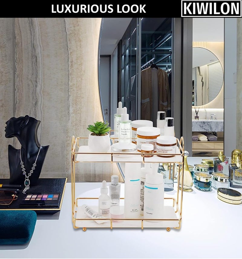 Kiwilon 2 Tier Golden Countertop Organizer for Bathroom Kitchen Rack Organiser with Plastic Marble Look Plastic Tray Cosmetic Storage Shelf (Large, White) - Image 2