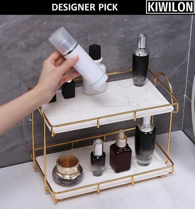 Kiwilon 2 Tier Golden Countertop Organizer for Bathroom Kitchen Rack Organiser with Plastic Marble Look Plastic Tray Cosmetic Storage Shelf (Large, White) - Image 5