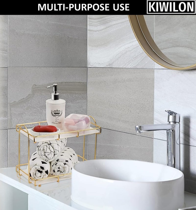 Kiwilon 2 Tier Golden Countertop Organizer for Bathroom Kitchen Rack Organiser with Plastic Marble Look Plastic Tray Cosmetic Storage Shelf (Large, White) - Image 4