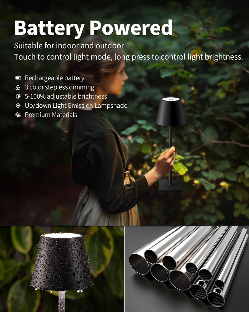 KDG Cordless Table Lamp, Portable LED Desk Lamp, 5000mAh Battery Operated, 3 Color Stepless Dimming Up, for Restaurant/Bedroom/Bars/Outdoor Party/Camping/Coffee Shop Atmosphere Night Light(Black) - Image 3