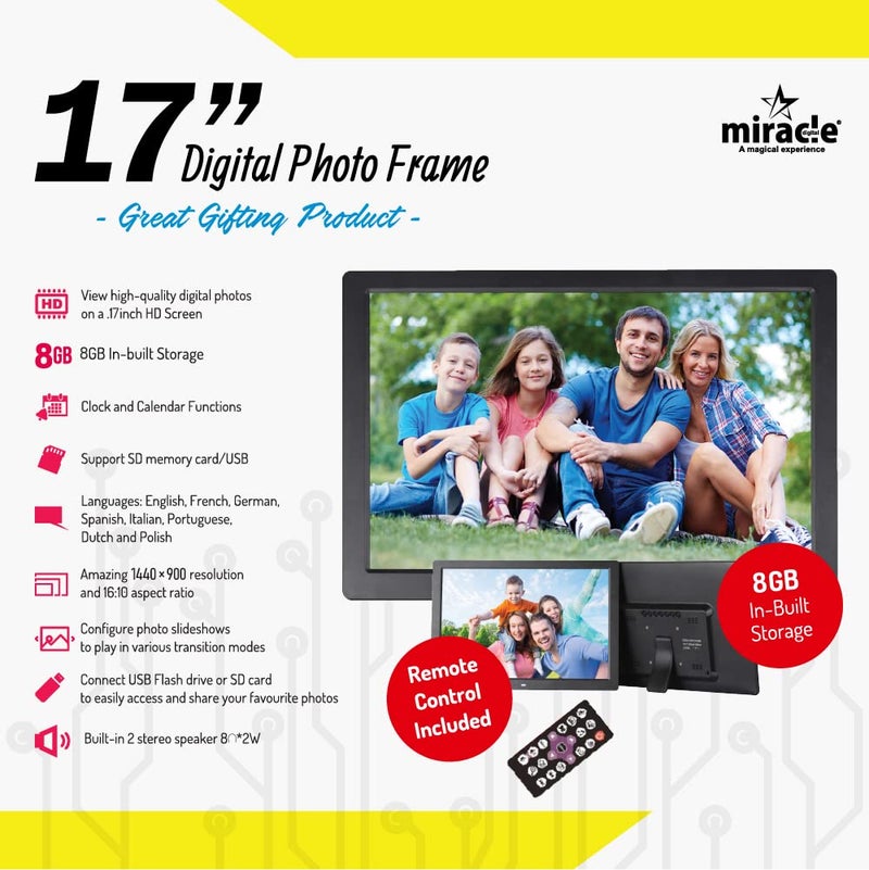 miracle digital 17 Inch Hi-def Digital Photo Frame,Reso 1280p*800p | Support SD Card,USB,Mini HDMI for Fast Transfer| Play Photos Slide Show,Video,Audio,Calendar | inBuilt 8GB Memory, 2GB RAM - Image 4