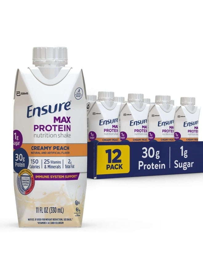 Ensure شراب بروتين ماكس للتغذية، مع 30 جرام من البروتين، 1 جرام من السكر، شراب بروتين عالي، بنكهة الخوخ الكريمي، 11 أونصة سائلة - عبوة من 12 - Image 1