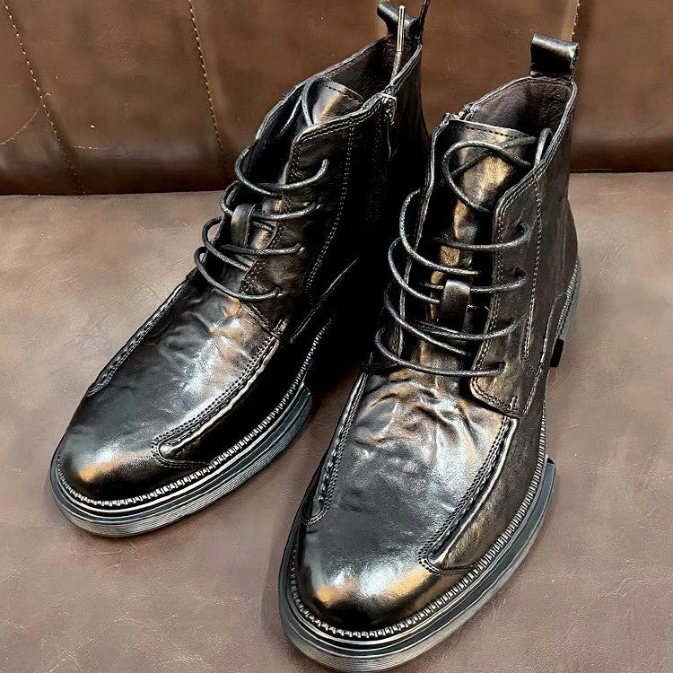 Genuine Leather Martin Boots Fleece-Lined First Layer Cowhide Fashionable Versatile Wear-Resistant Breathable Zipper Style Thick Sole Round Toe - Image 2