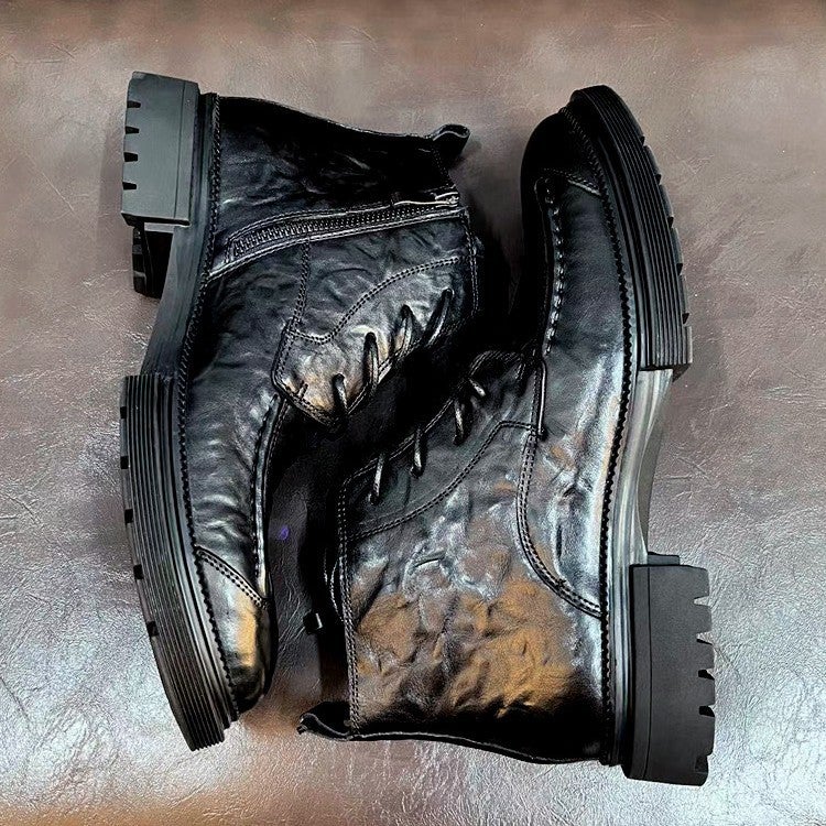 Genuine Leather Martin Boots Fleece-Lined First Layer Cowhide Fashionable Versatile Wear-Resistant Breathable Zipper Style Thick Sole Round Toe - Image 4