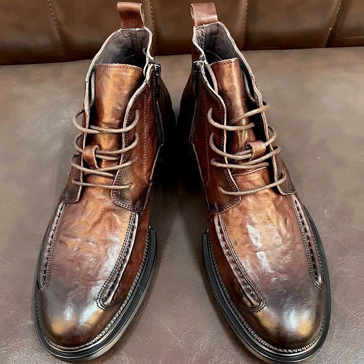Genuine Leather Martin Boots Fleece-Lined First Layer Cowhide Fashionable Versatile Wear-Resistant Breathable Zipper Style Thick Sole Round Toe - Image 5