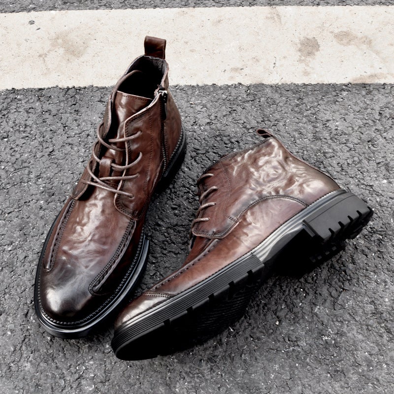 Genuine Leather Martin Boots Fleece-Lined First Layer Cowhide Fashionable Versatile Wear-Resistant Breathable Zipper Style Thick Sole Round Toe - Image 1