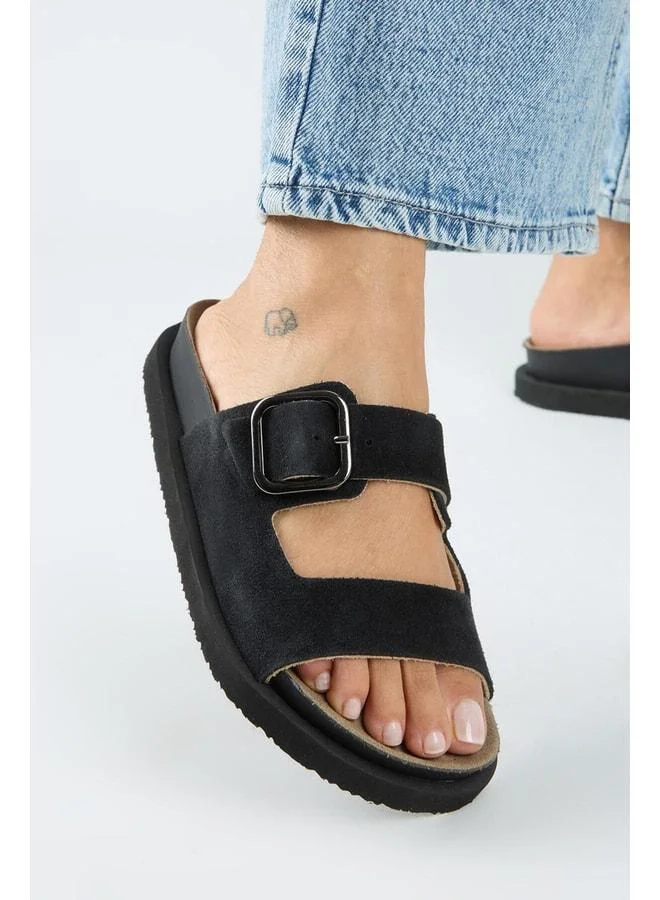 Regina Women's Genuine Leather Double-Band Single-Loop Black Slipper.