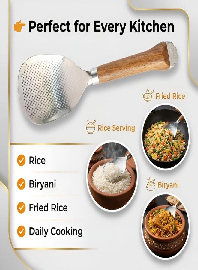 Akshify Rice Serving Spoon Stainless Steel Wooden Handle, Heavy Duty Square Rice Paddle Spatula for Biryani Pulao Khichdi, Non Stick Safe Cooking Spoon, Multipurpose Kitchen Serving Ladle (1 Pcs) - Image 4