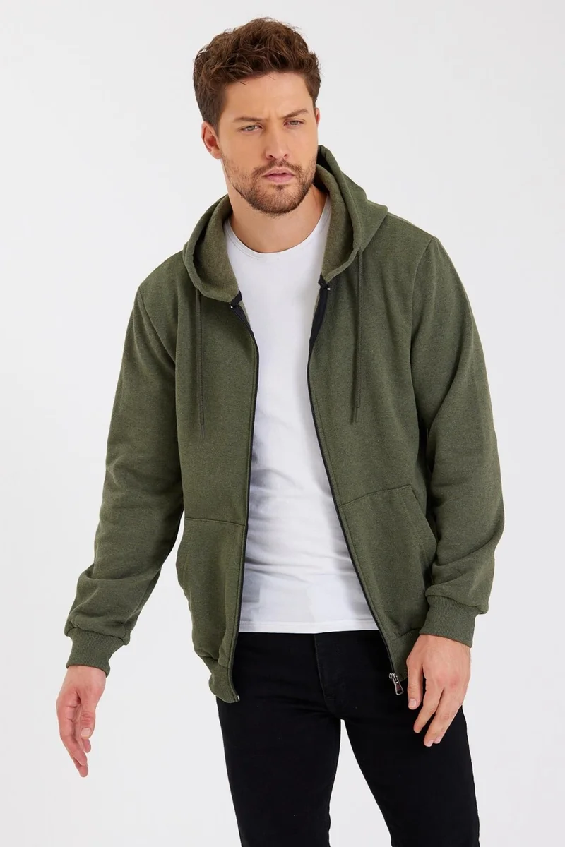 mmetalic Metalic Khaki Kangaroo Pocket Hooded Zippered Cotton Inside Men's Sweatshirt