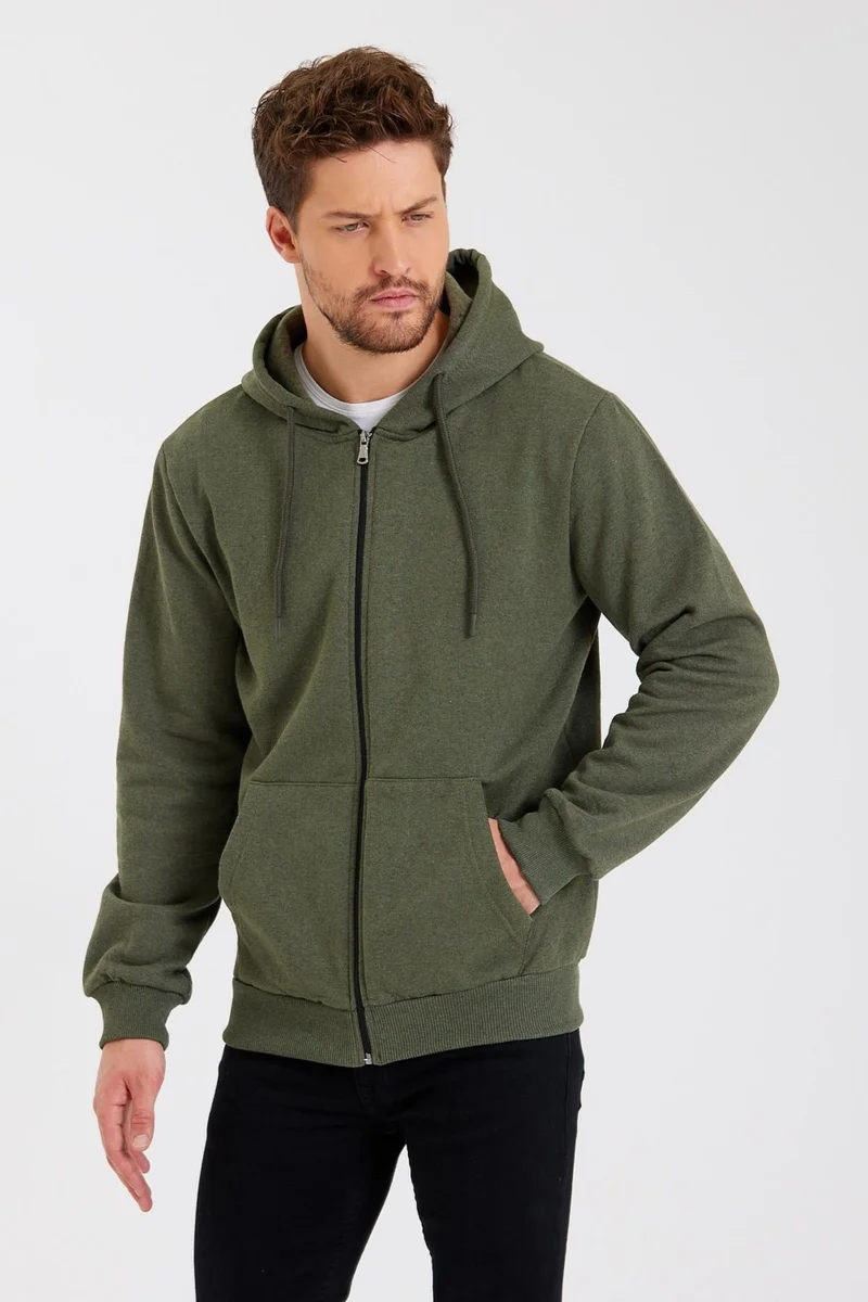 mmetalic Metalic Khaki Kangaroo Pocket Hooded Zippered Cotton Inside Men's Sweatshirt
