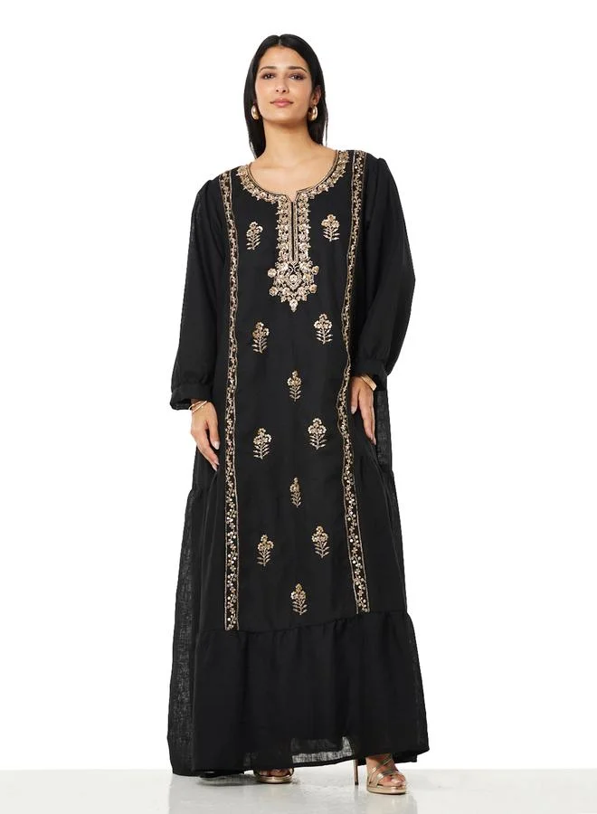 Thouq Black A-Line Maxi Kaftan with Gold Embroidery