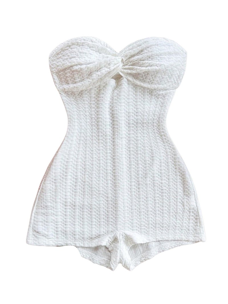 WDIRARA Women's Strapless Twist Front Tube Romper Textured Sleeveless Shorts Jumpsuits White Large - Image 1