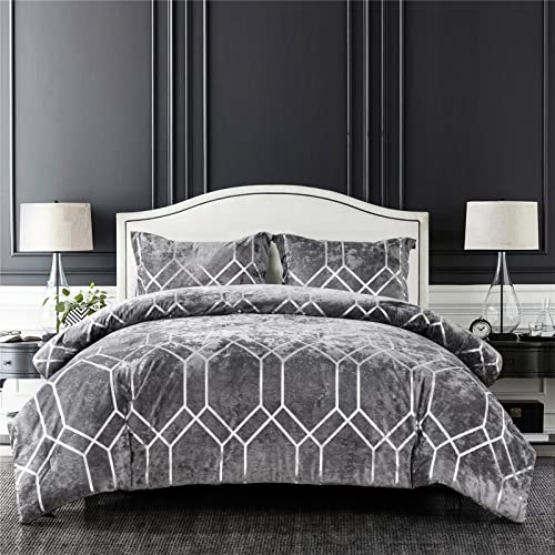 Sunshine Nicole Metallic Print Comforter Set, Distressed Velvet Face with Metallic Print and Brushed Solid Microfiber Reverse, with Light Weight Soft Poly Fill, 3 Pieces Grey Silver, Queen - Image 1