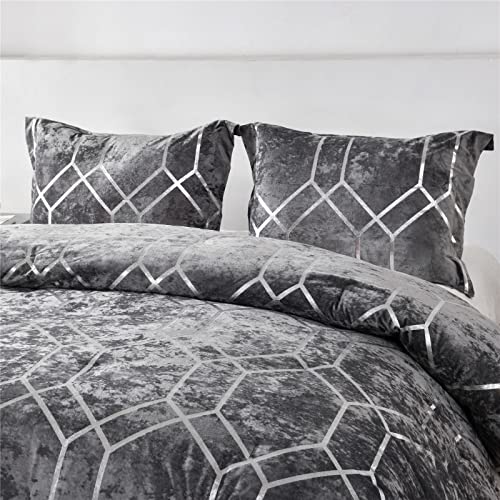 Sunshine Nicole Metallic Print Comforter Set, Distressed Velvet Face with Metallic Print and Brushed Solid Microfiber Reverse, with Light Weight Soft Poly Fill, 3 Pieces Grey Silver, Queen - Image 4