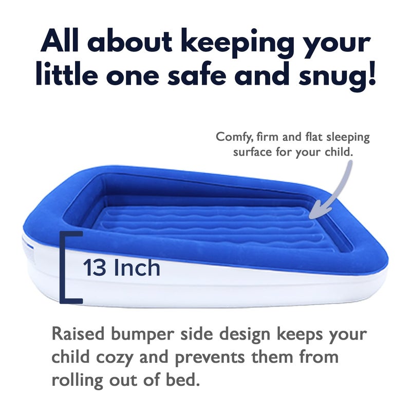 King Koil Luxury Toddler Inflatable Child Airbed, Travel Bed with Built-in Safety Bumper, Portable Air Mattress for Kids, Includes High-Speed Pump - Blue - Image 3