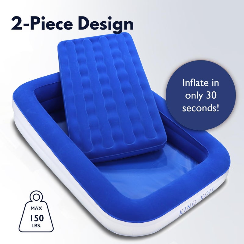 King Koil Luxury Toddler Inflatable Child Airbed, Travel Bed with Built-in Safety Bumper, Portable Air Mattress for Kids, Includes High-Speed Pump - Blue - Image 2