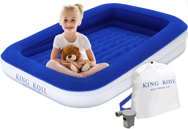 King Koil Luxury Toddler Inflatable Child Airbed, Travel Bed with Built-in Safety Bumper, Portable Air Mattress for Kids, Includes High-Speed Pump - Blue - Image 1