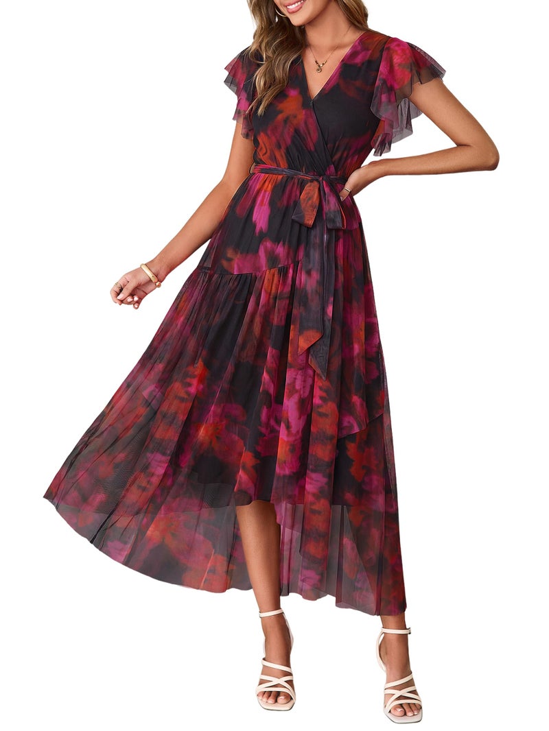 Simplee Womens Summer Floral Boho Maxi Dress Faux Wrap 2026 Flutter Sleeve Mesh Waist Tie Party Wedding Guest Dresses(Black Rose Red M) - Image 1