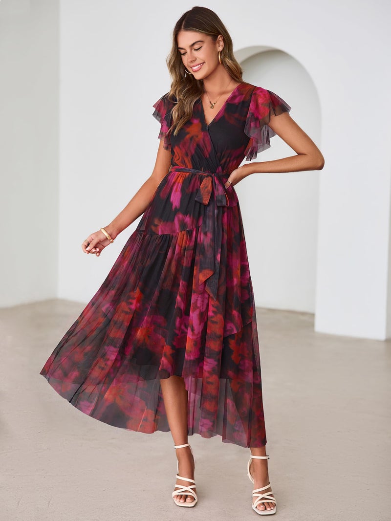 Simplee Womens Summer Floral Boho Maxi Dress Faux Wrap 2026 Flutter Sleeve Mesh Waist Tie Party Wedding Guest Dresses(Black Rose Red M) - Image 4
