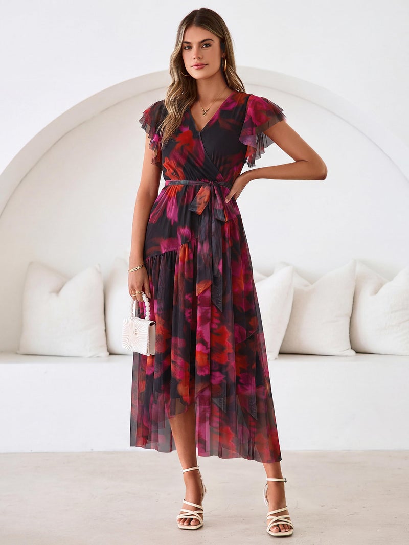 Simplee Womens Summer Floral Boho Maxi Dress Faux Wrap 2026 Flutter Sleeve Mesh Waist Tie Party Wedding Guest Dresses(Black Rose Red M) - Image 2