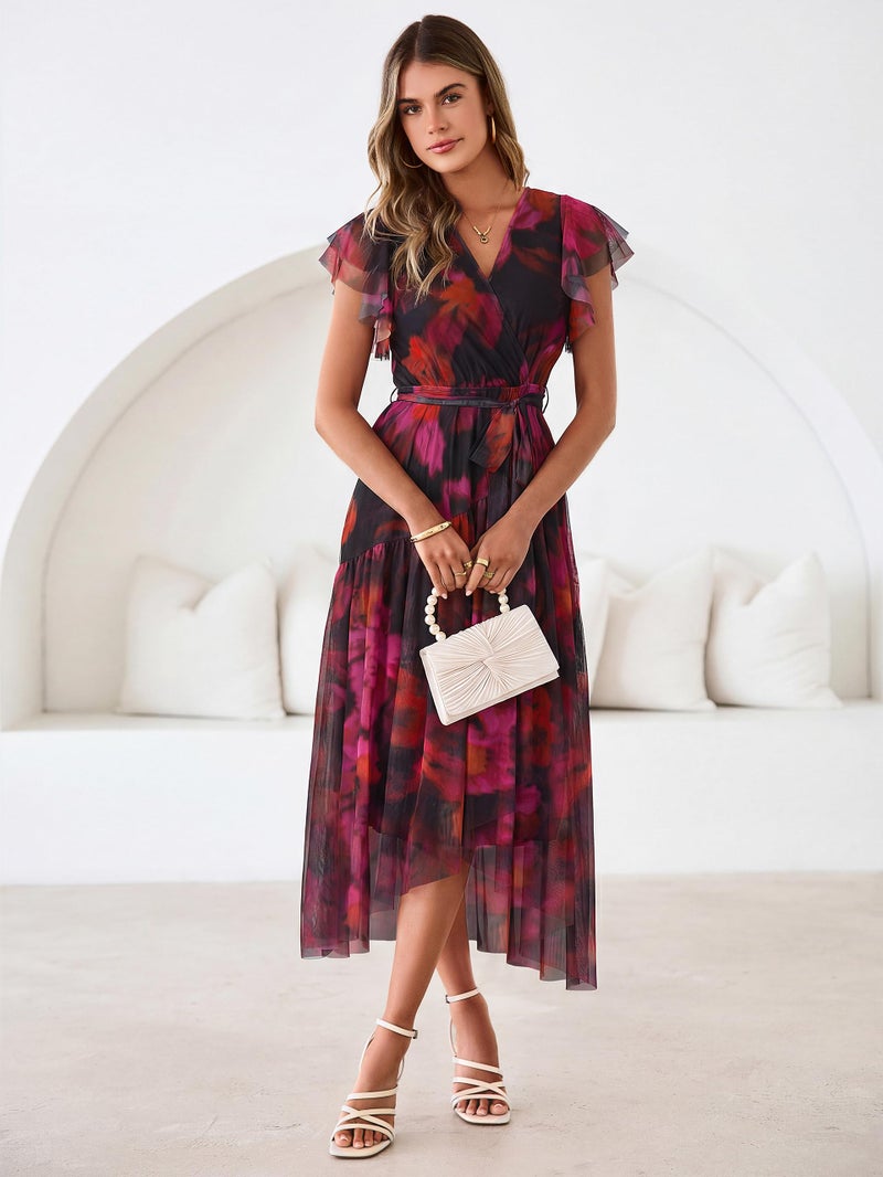 Simplee Womens Summer Floral Boho Maxi Dress Faux Wrap 2026 Flutter Sleeve Mesh Waist Tie Party Wedding Guest Dresses(Black Rose Red M) - Image 3