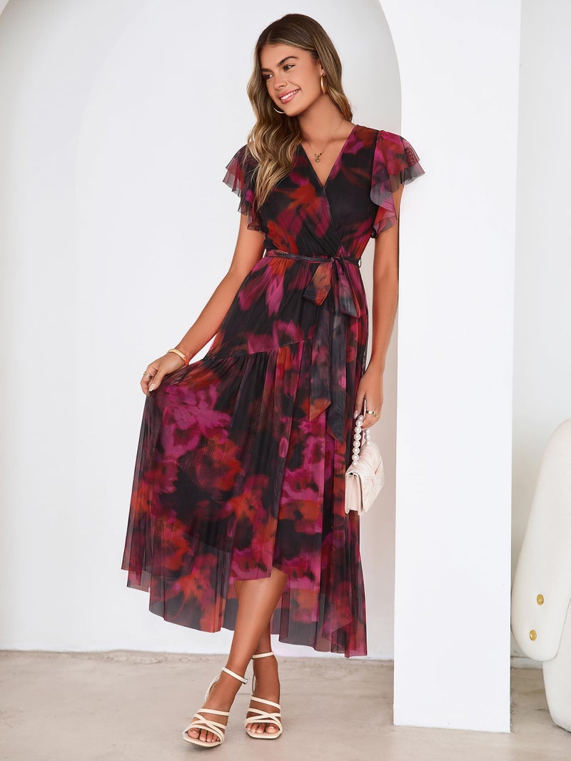 Simplee Womens Summer Floral Boho Maxi Dress Faux Wrap 2026 Flutter Sleeve Mesh Waist Tie Party Wedding Guest Dresses(Black Rose Red M) - Image 5