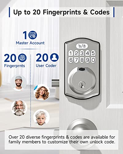 HOSOM Smart Fingerprint Deadbolt for Front Door Electronic Keypad Entry Door Lock20 User Codes Anti Peeking Auto Lock Satin Nickel - Image 3