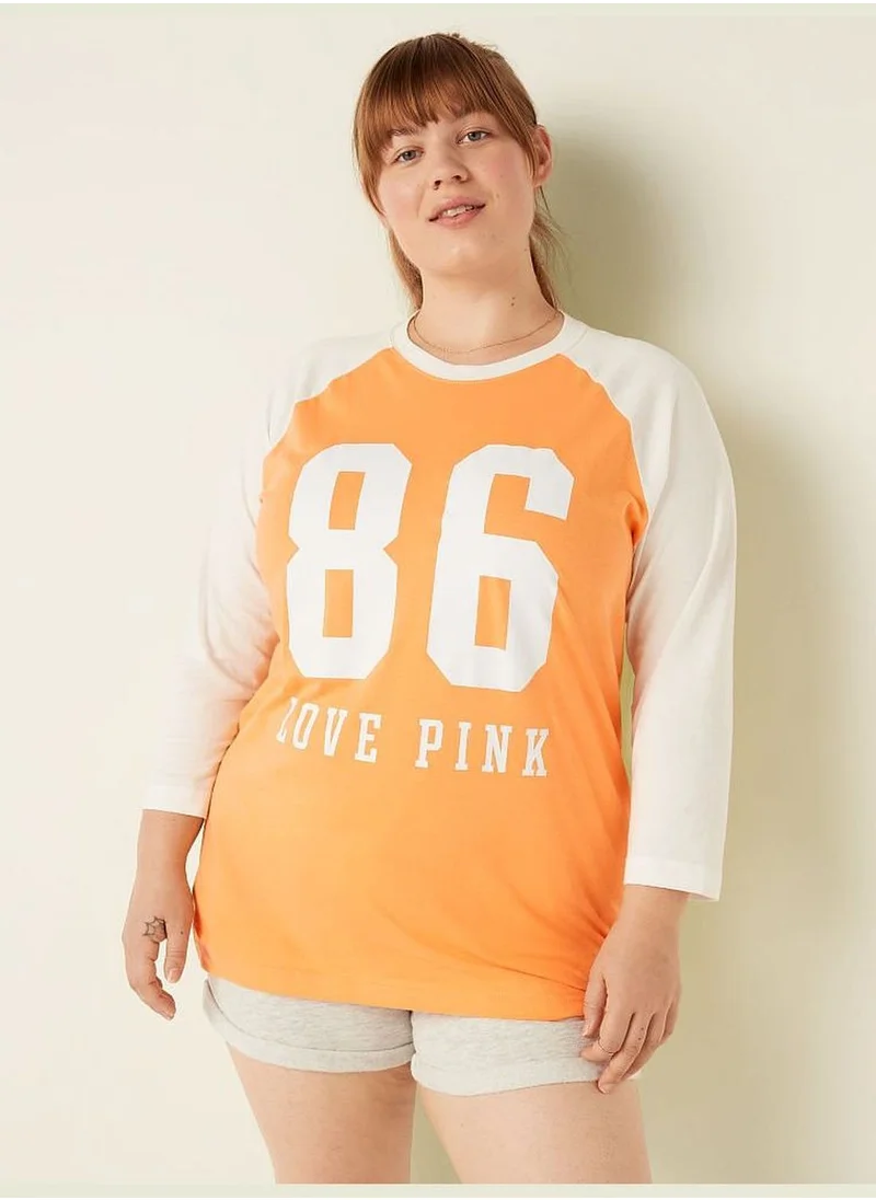 PINK Cotton 3/4 Sleeve Campus Baseball T-Shirt