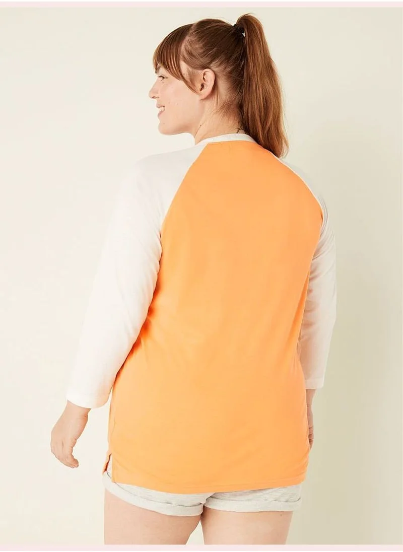 PINK Cotton 3/4 Sleeve Campus Baseball T-Shirt
