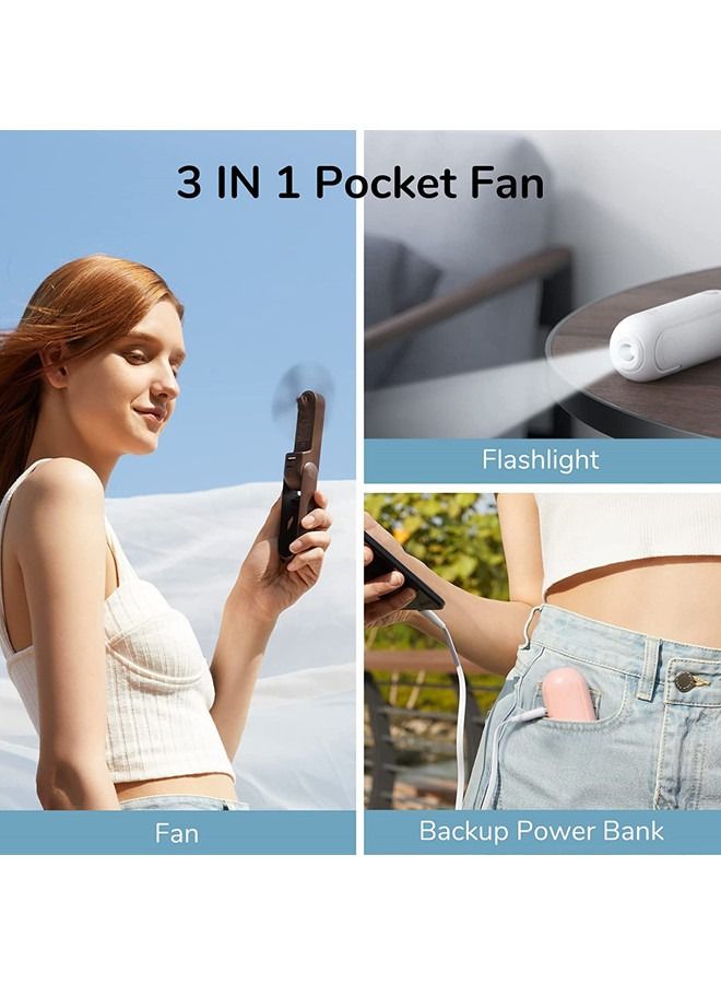 JISULIFE مروحة صغيرة محمولة، مروحة يد 3 في 1، مروحة جيب صغيرة محمولة قابلة لإعادة الشحن عبر USB، مروحة تعمل بالبطارية [14-21 ساعة عمل] مع بنك الطاقة، ميزة مصباح يدوي للنساء، السفر، في الهواء الطلق - Image 3
