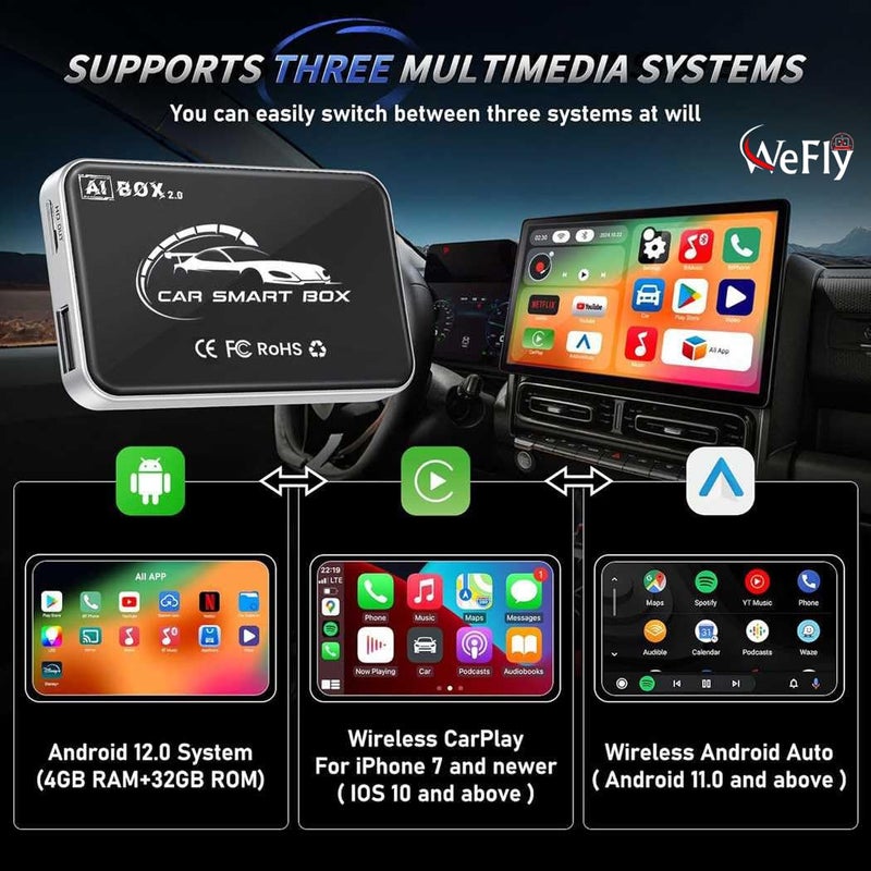Wefly محول كار بلاي اللاسلكي أندرويد أوتو اللاسلكي لجهاز أندرويد مع تطبيقات يوتيوب ونتفليكس ومتجر بلاي اتصال سريع إعادة الاتصال التلقائي لجميع السيارات والهواتف المحمولة بنظام iOS وأندرويد (2 جيجابايت RAM + 16 جيجابايت ذاكرة) - Image 2