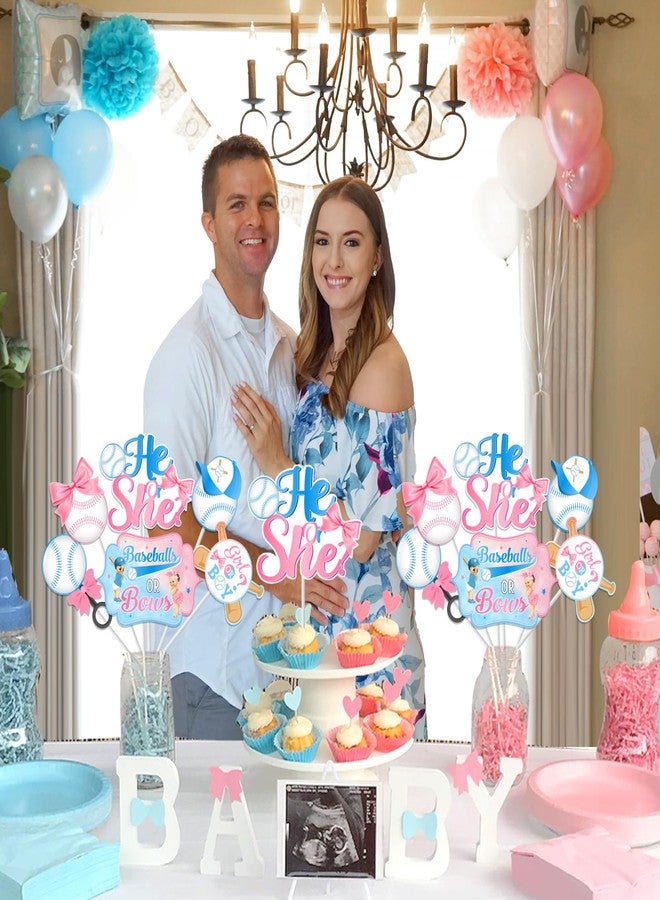 Balterever 24PCS Baseball or Bows Gender Reveal Centerpieces Sticks Baseball and Bows Gender Reveal Party Supplies Pink and Blue Baseball Table Centerpiece for Boys or Girls - Image 4