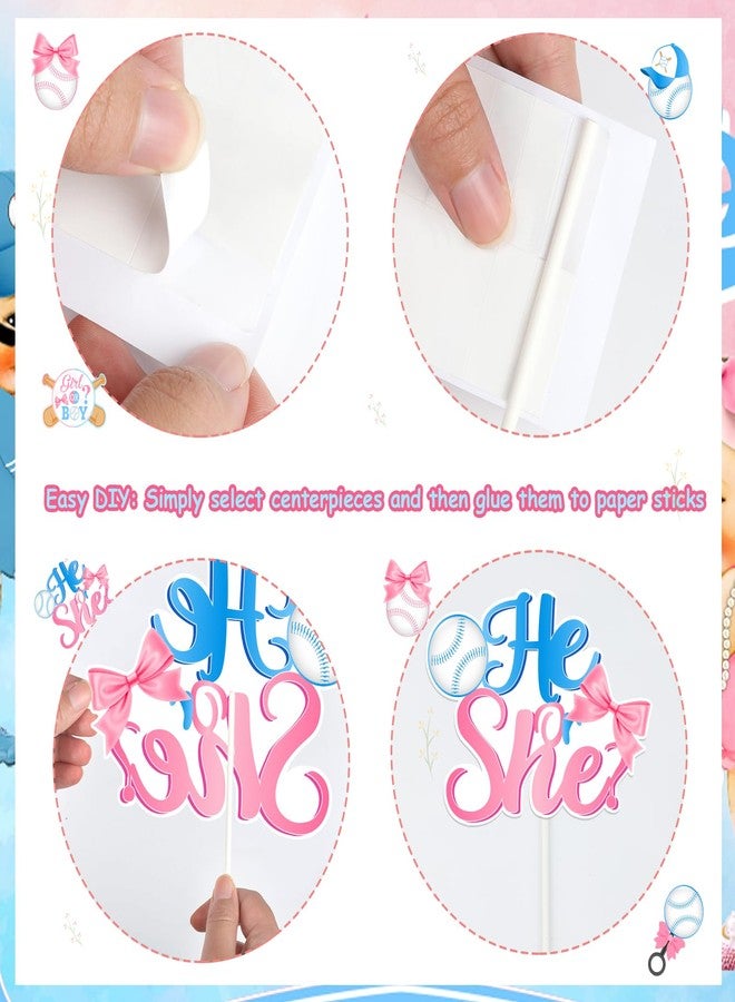 Balterever 24PCS Baseball or Bows Gender Reveal Centerpieces Sticks Baseball and Bows Gender Reveal Party Supplies Pink and Blue Baseball Table Centerpiece for Boys or Girls - Image 5