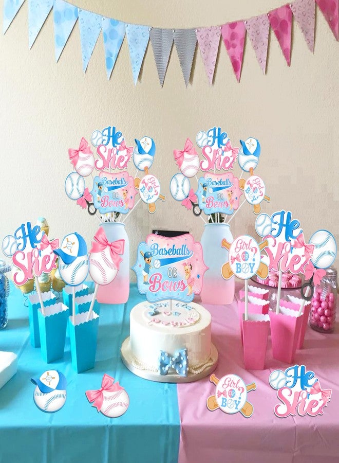 Balterever 24PCS Baseball or Bows Gender Reveal Centerpieces Sticks Baseball and Bows Gender Reveal Party Supplies Pink and Blue Baseball Table Centerpiece for Boys or Girls - Image 2